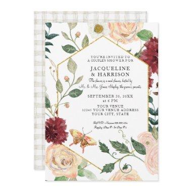 Couple Shower Watercolor Burgundy Gray Fall Floral Invitations