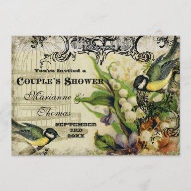 Couple Shower, Yellow Song Bird Cage Swirl Floral Invitations