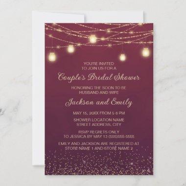 Couple's Bridal Shower Burgundy Gold String Light Invitations