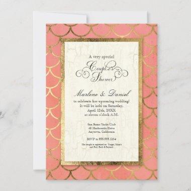 Couples Bridal Shower Geometric Scallop Shell Gold Invitations