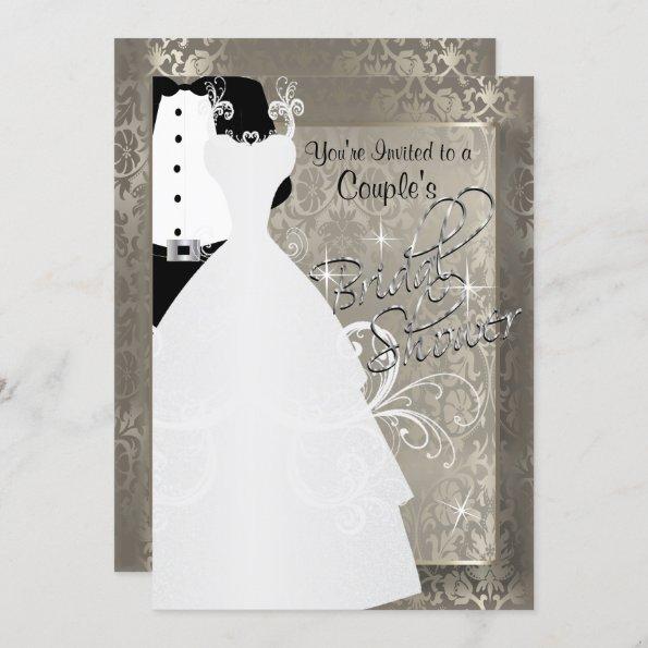 Couple's Bridal Shower in Antique Damask Silver Invitations