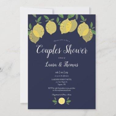 Couples Bridal Shower Lemons Navy Blue Invitations