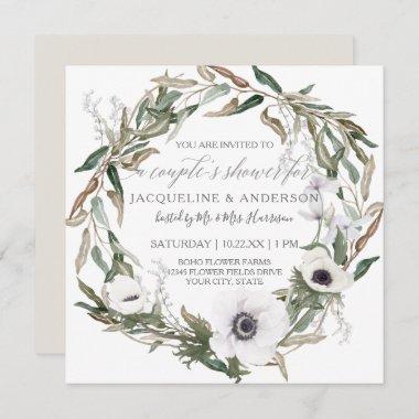 Couples Bridal Shower Rustic Anemone Olive Wreath Invitations