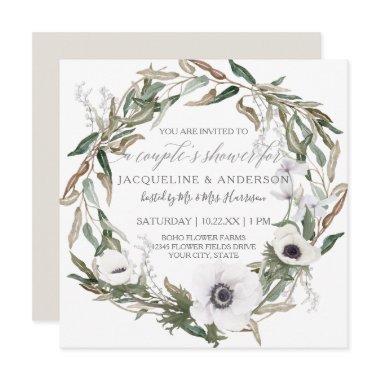 Couples Bridal Shower Rustic Anemone Olive Wreath Invitations