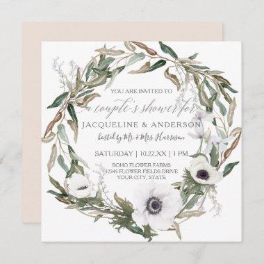 Couples Bridal Shower Rustic White Floral w Olive Invitations