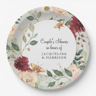 Couples Bridal Shower Watercolor Floral Gray Coral Paper Plates