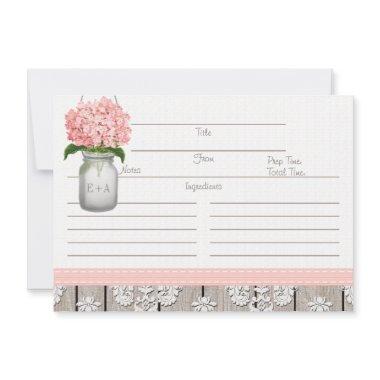 Couples Pink Hydrangea Mason Jar Recipe Invitations