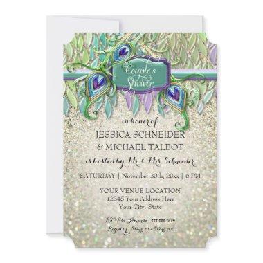 Couples Shower Art Deco Peacock Feather Glitter Invitations