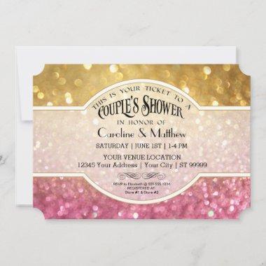 Couples Shower Bokeh Movie Ticket Style Gold Pink Invitations