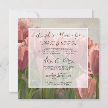 Couples Shower Coral Tulip Floral Wooden Wedding Invitations