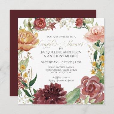Couples Shower Fall Floral Burgundy Blush Roses Invitations