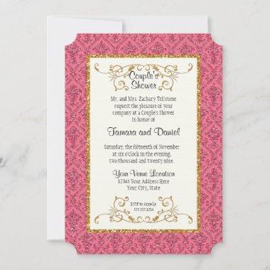 Couples Shower Faux Gold Glitter Damask Pattern Invitations