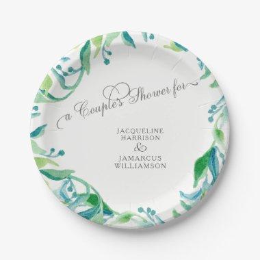 Couples Shower Laurel Leaf Wreath Olive Watercolor Paper Plates