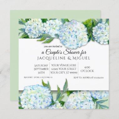 Couples Shower Mint Green n White Hydrangea Floral Invitations