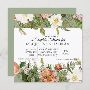 Couples Shower | Mint Sage Green Ivory Rose Floral Invitations
