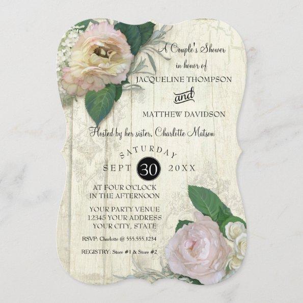Couples Shower Modern Vintage Pretty Floral Wood Invitations