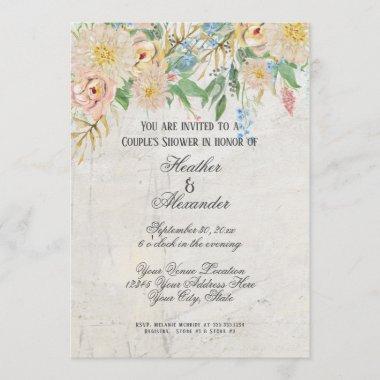Couples Shower Modern Watercolor Floral Marble Invitations