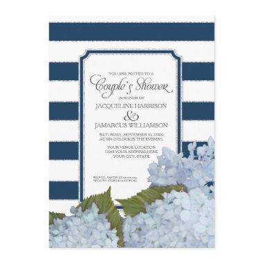 Couples Shower Navy Blue Hydrangea Script Art Deco Invitations