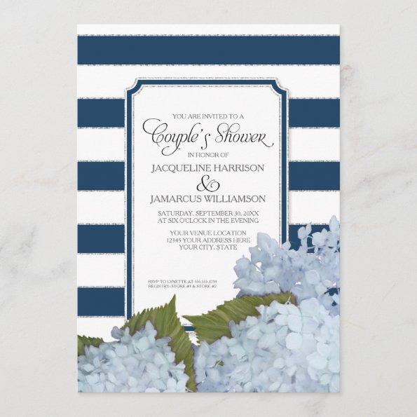 Couples Shower Navy Blue Hydrangea Script Art Deco Invitations