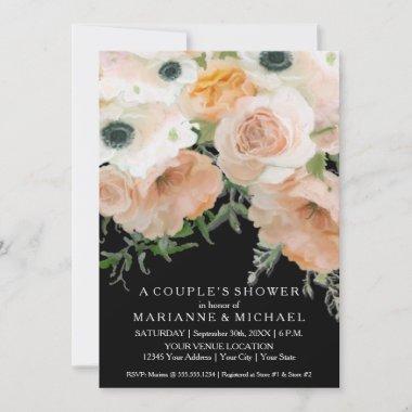 Couples Shower Pastel Petals Elegant Roses Black Invitations