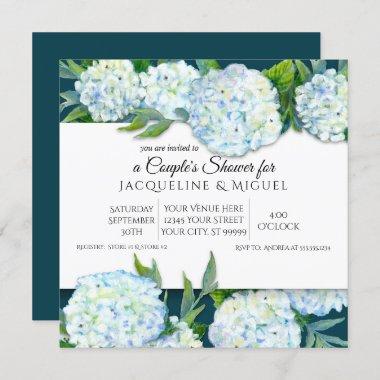 Couples Shower Peacock Blue White Hydrangea Floral Invitations