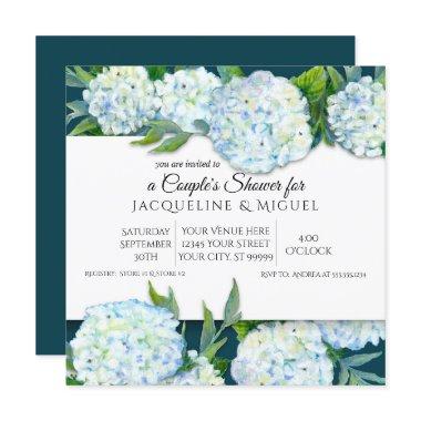 Couples Shower Peacock Blue White Hydrangea Floral Invitations