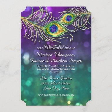 Couples Shower Peacock Feather Jeweled Feathers Invitations