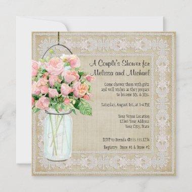 Couples Shower Rustic Country Mason Jar Roses Invitations