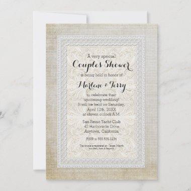 Couples Shower Rustic Lace w Aged Vintage Linen Invitations