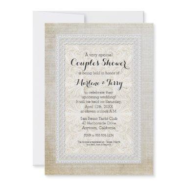 Couples Shower Rustic Lace w Aged Vintage Linen Invitations