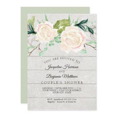 Couples Shower Rustic Wood Watercolor Ivory Roses