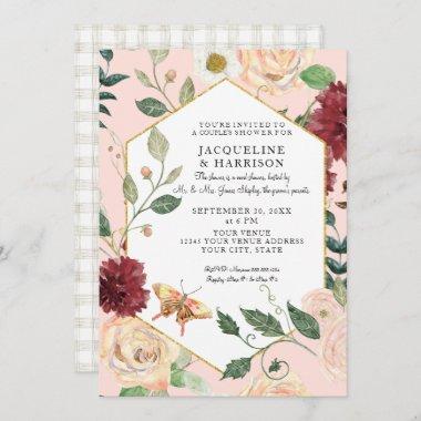 Couples Shower Watercolor Blush Coral Floral Art Invitations