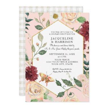 Couples Shower Watercolor Blush Coral Floral Art Invitations