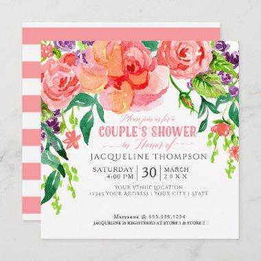Couples Shower Watercolor Modern Bright Floral Art Invitations