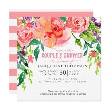 Couples Shower Watercolor Modern Bright Floral Art Invitations