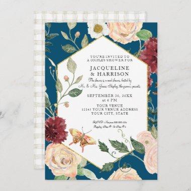 Couples Shower Watercolor Peacock Blue Rose Floral Invitations