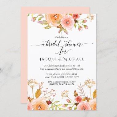 Couples Shower Watercolor Pink Floral Rose Bouquet Invitations
