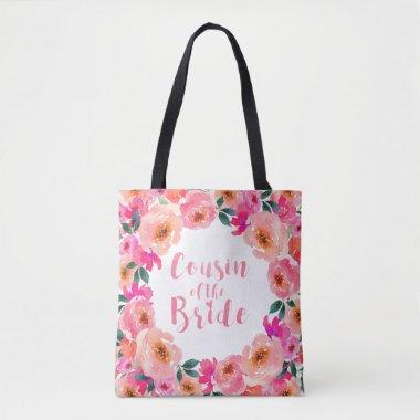 Cousin of the Bride Pink Watercolor Floral Wedding Tote Bag