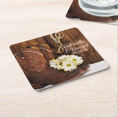 Cowboy Boots, Daisies and Horse Bit Ranch Wedding Square Paper Coaster