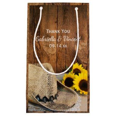 Cowboy Hat, Sunflowers Barn Wood Wedding Thank You Small Gift Bag