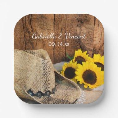 Cowboy Hat, Sunflowers, Barn Wood Western Wedding Paper Plates
