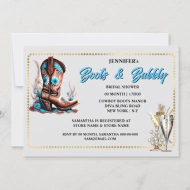 Cowgirl boots glass bubbly floral gold frame chic Invitations