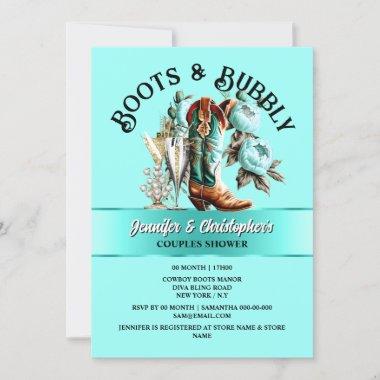 Cowgirl boots peony aqua teal floral bubbly glam Invitations