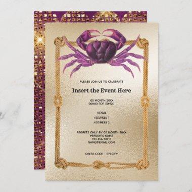 Crab rope frame magenta pink gold glitter nautical Invitations