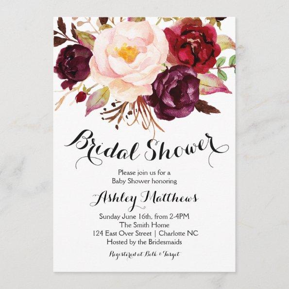 Cranberry Marsala Floral Bridal Shower Invitations