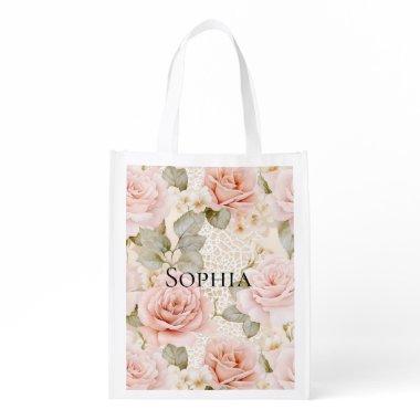 Cream Blush Pink Roses Floral  Grocery Bag