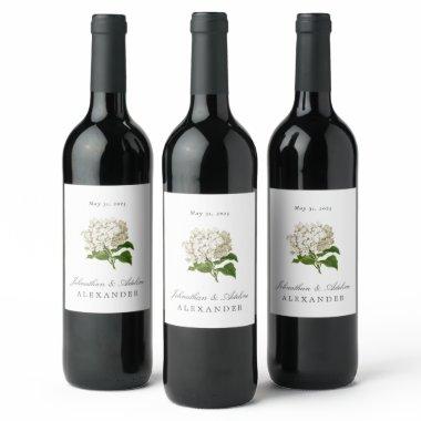 Cream Hydrangea Wedding Date and Names Wine Label