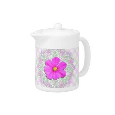 Creamer/Teapot - Dark Pink Cosmos on Lace & Lattic Teapot