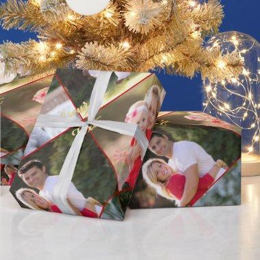 Create Custom 5 Photo Collage Red Gold Christmas Wrapping Paper