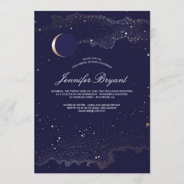 Crescent Moon and Night Stars Navy Bridal Shower Invitations